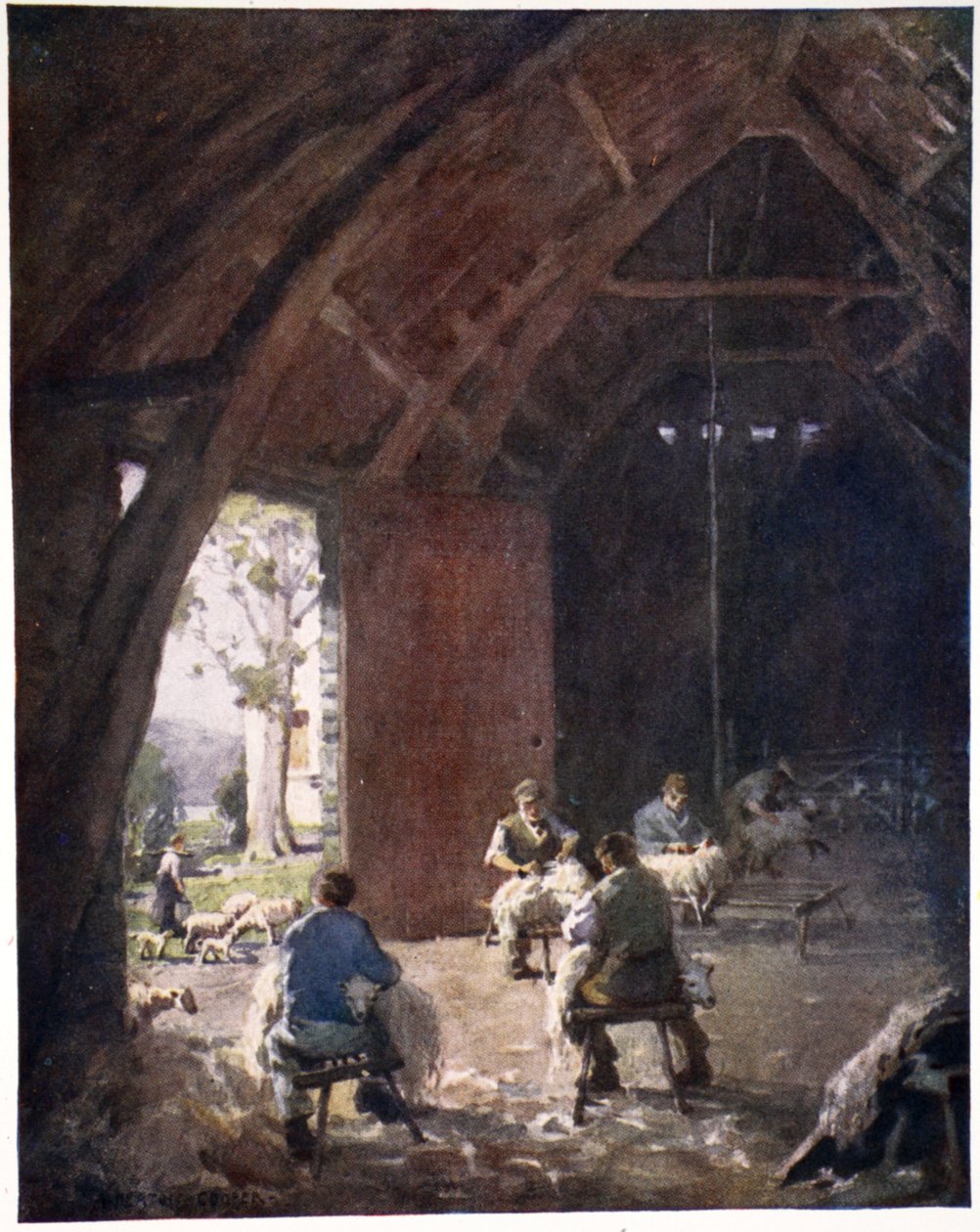 Saueklipping, Esthwaite Hall Farm, fra en portefølje med trykk fra de originale akvarellene, ca. 1920 av Alfred Heaton Cooper
