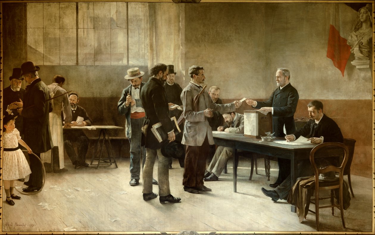 Allmenn stemmerett Et valglokale i 1891. Maleri av Alfred Bramtot (1852-1894) 1891 les Lilas, Rådhuset av Alfred Henri Bramtot