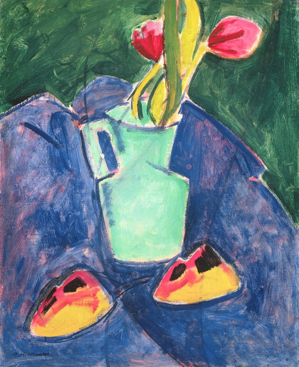 Blomster i en grønn vase på lilla klut av Alfred Henry Maurer
