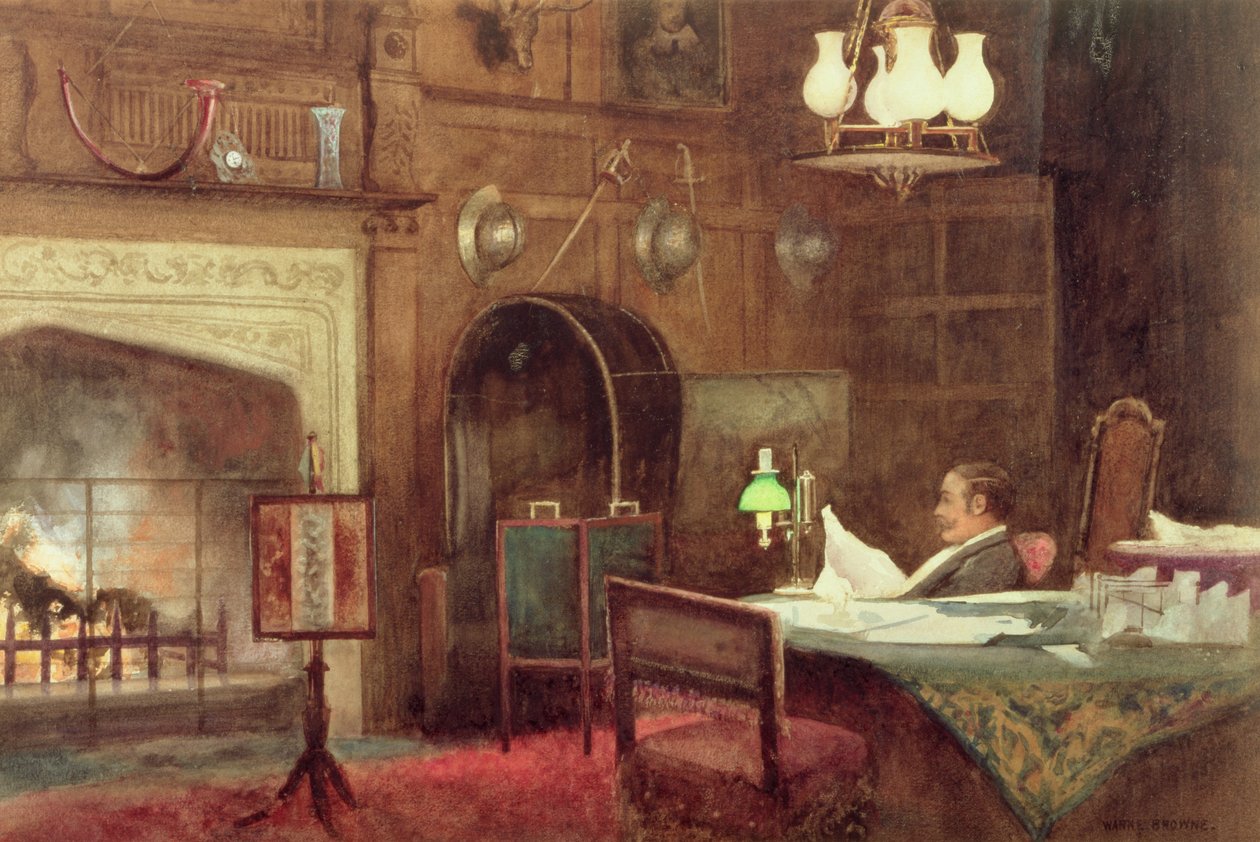 Interiør i en panelhall av Alfred J. Warne Brown