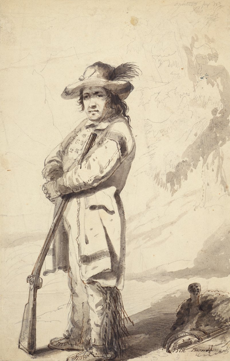 A Rocky Mountain Trapper, Bill Burrow, ca. 1837 (blyant, penn og blekk og vask på papir) av Alfred Jacob Miller