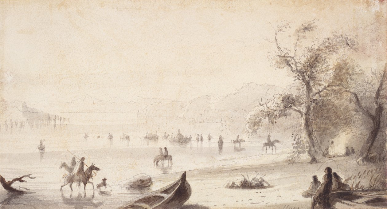 Bull Boating Across the Platte, ca. 1837 (tegning på papir) av Alfred Jacob Miller