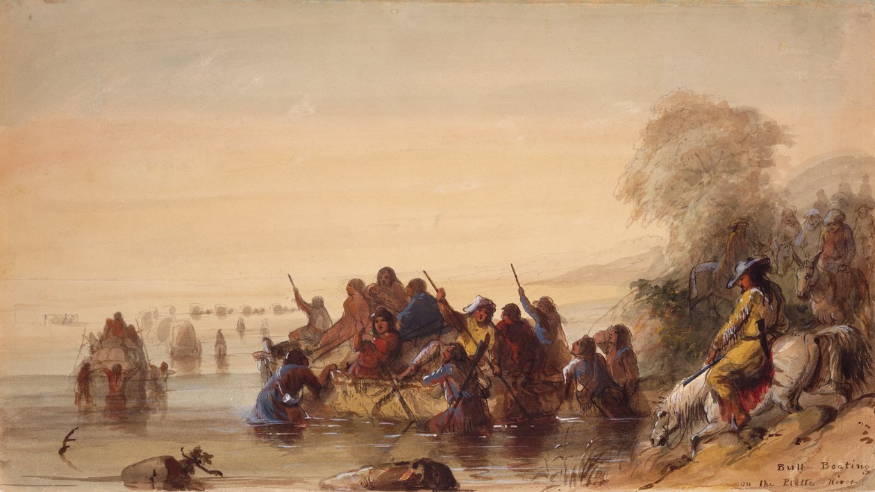 Bull Boating on the Platte River, ca. 1837 (akvarell på papir) av Alfred Jacob Miller