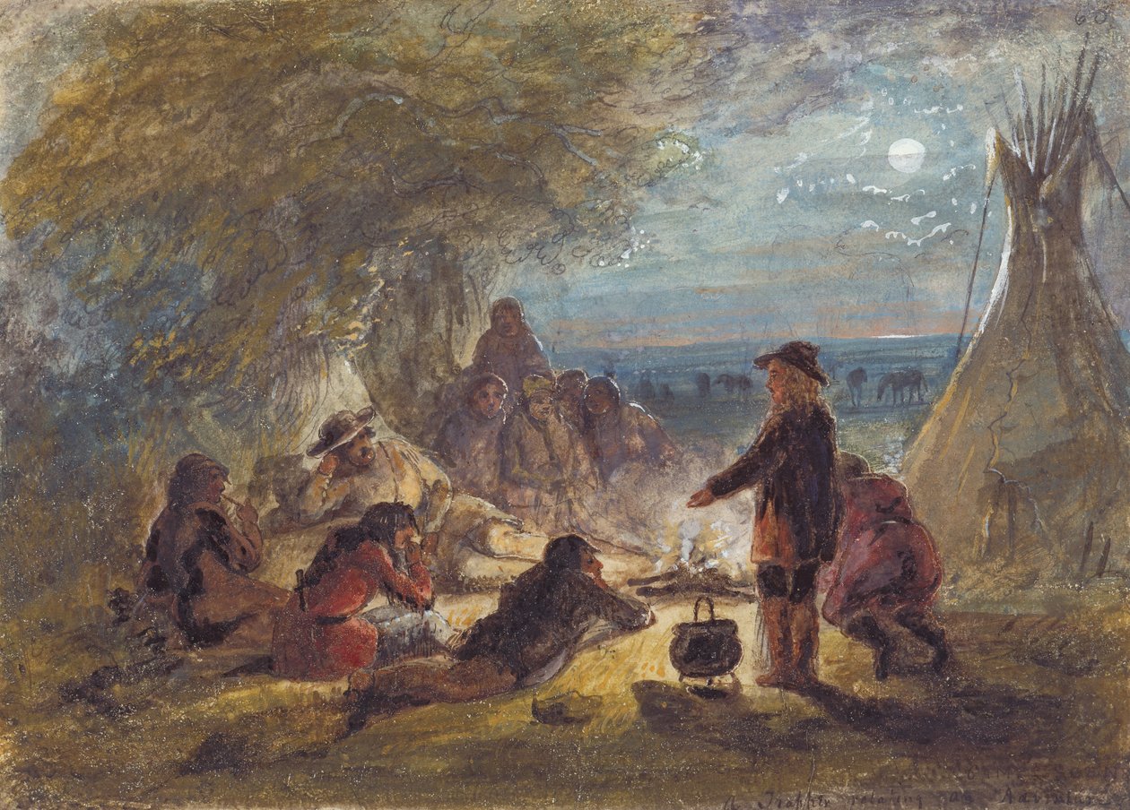Bål om natten; Trapper Relating an Adventure, ca. 1858 (blyant, penn og blekk, akvarell og gouache på papir) av Alfred Jacob Miller
