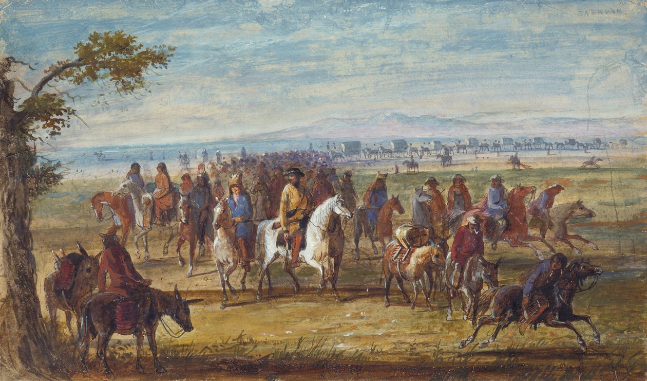 Karavane: Sir William Stewart montert på hvit hest, ca. 1837 (olje på papir) av Alfred Jacob Miller