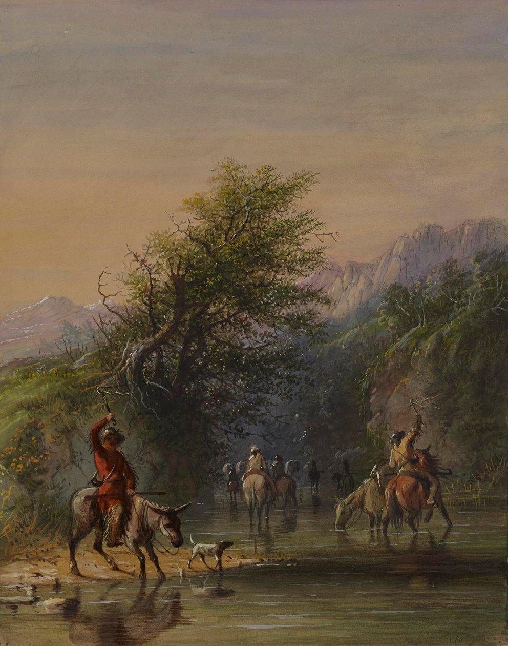 Karavane på vei ut i vannet av Alfred Jacob Miller