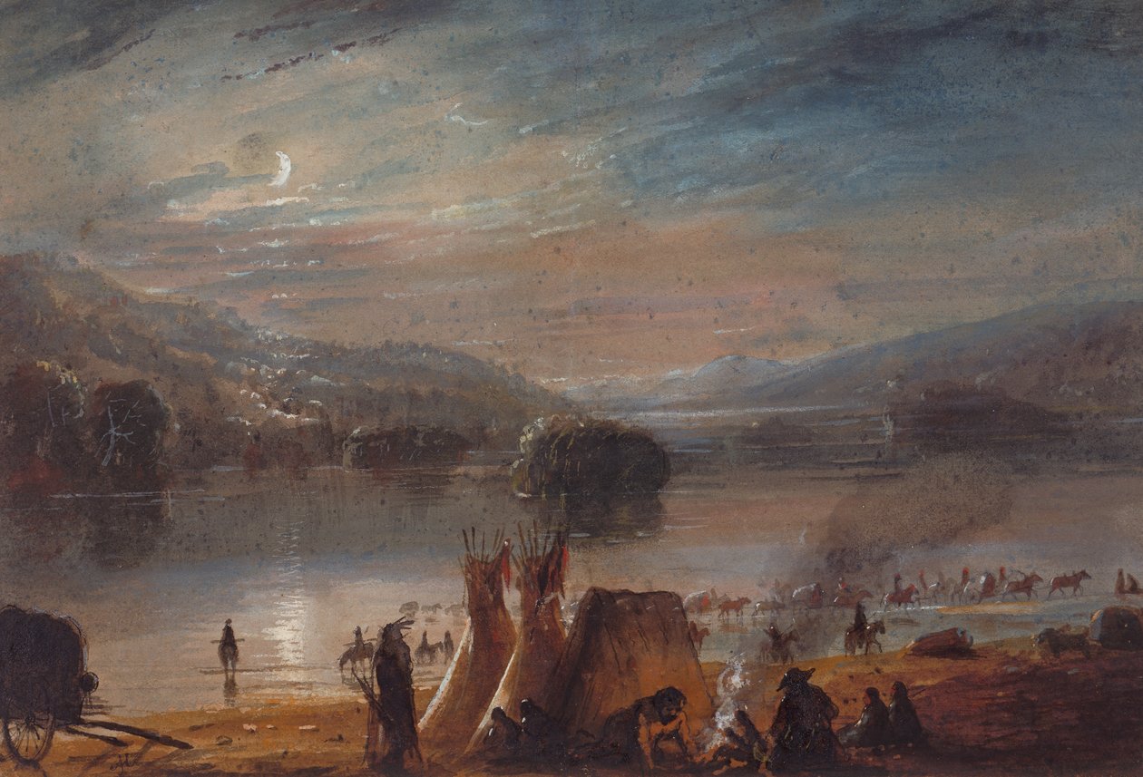 Crossing the River by Moonlight, Making Camp, ca. 1858-60 (akvarell på papir) av Alfred Jacob Miller