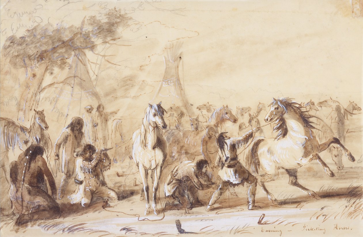 Evening, Picketing Horses, ca. 1837 (blyant, vask og gouache på papir) av Alfred Jacob Miller
