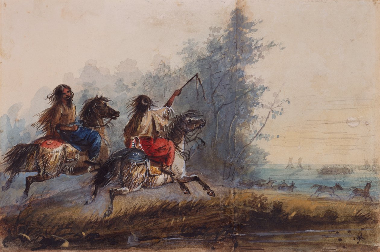 Hunner, slangestamme, drivende hester, ca. 1837 (blyant, akvarell og gouache på papir) av Alfred Jacob Miller