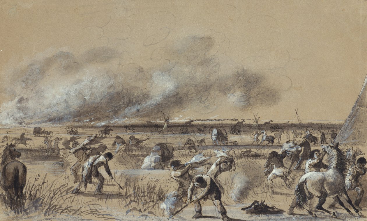 Fire on the Prairie, Setting Fire to the Camp, ca. 1837 (vask med høylys på papir) av Alfred Jacob Miller