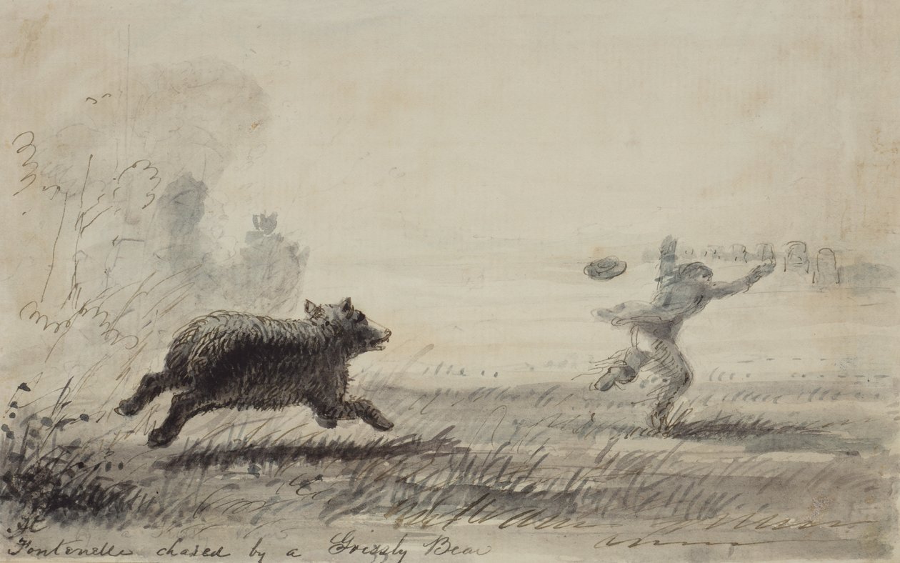 Fontenelle Chased by a Grizzly Bear, ca. 1837 (penn, blekk og vask på papir) av Alfred Jacob Miller