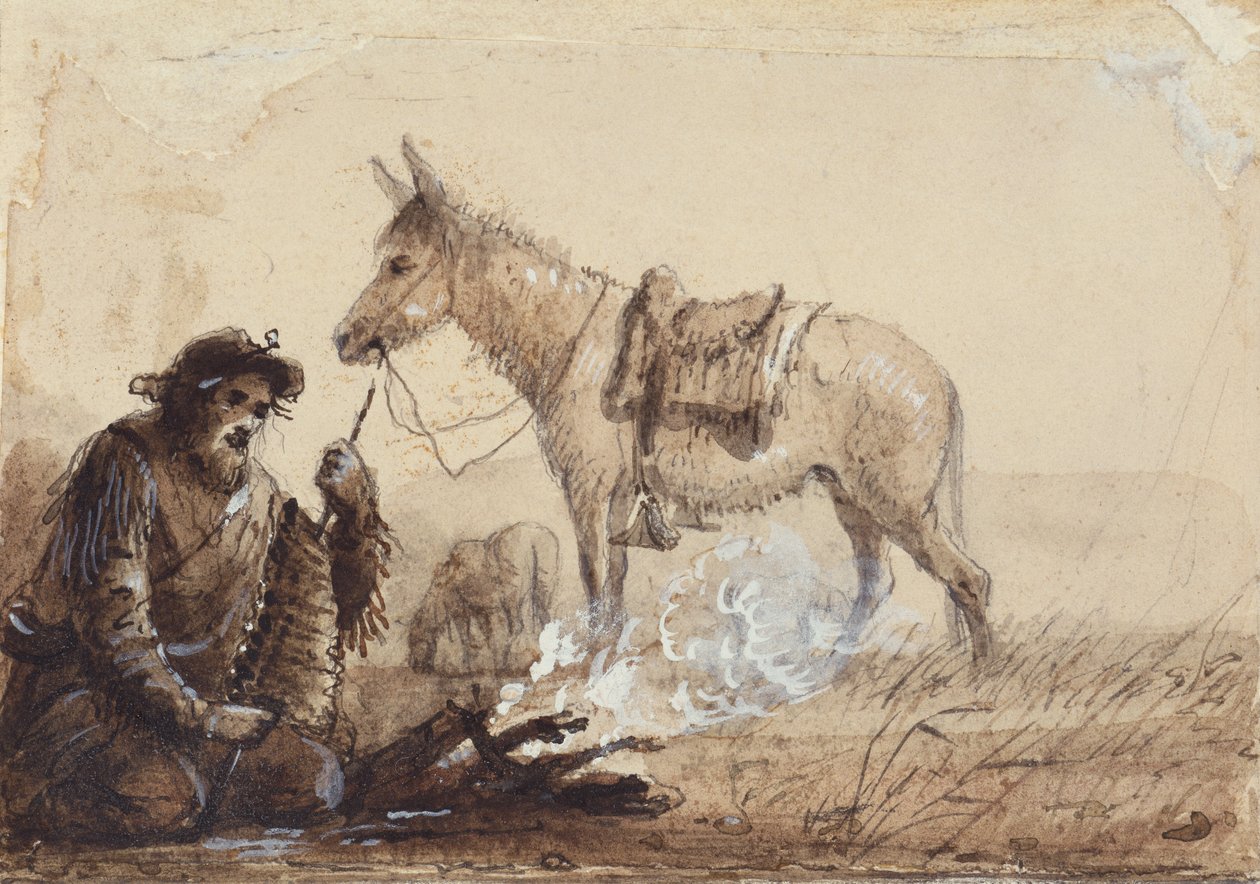 Francois forbereder kveldsmat, ca. 1837 (tegning på papir) av Alfred Jacob Miller