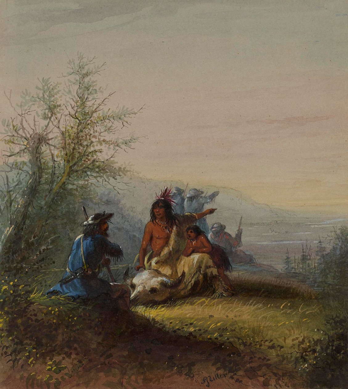 Gruppe med en fjellboer og en Kansas-indianer av Alfred Jacob Miller