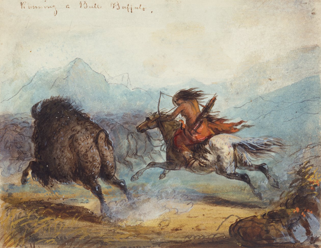 Indisk kvinne som kjører en bøffel, ca. 1858-60 (akvarell på papir) av Alfred Jacob Miller