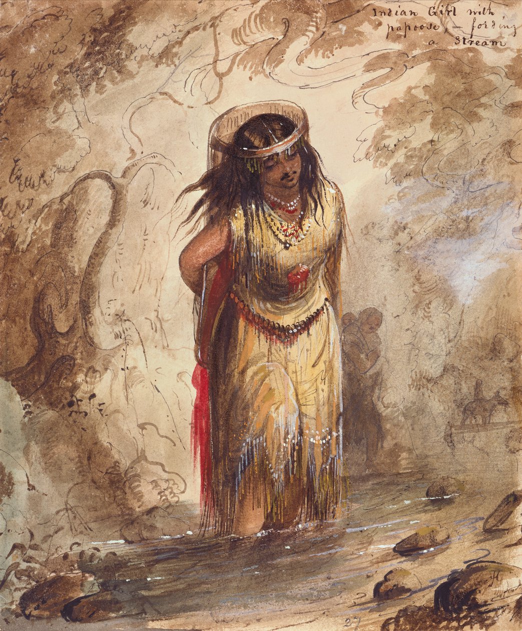Indisk jente med Papoose Fording a Stream, ca. 1837 (blyant, akvarell og gouache på papir) av Alfred Jacob Miller