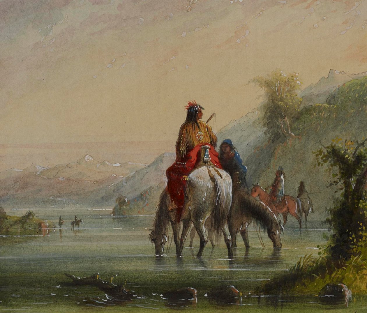 Indianske jenter vanner hester (Eau Sucre-elven) av Alfred Jacob Miller