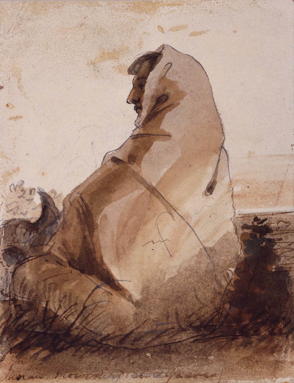 Indian Mourning over a Grave, merket med en bøffelhodeskalle, ca. 1837 (blyant, penn og blekk og vask på papir) av Alfred Jacob Miller