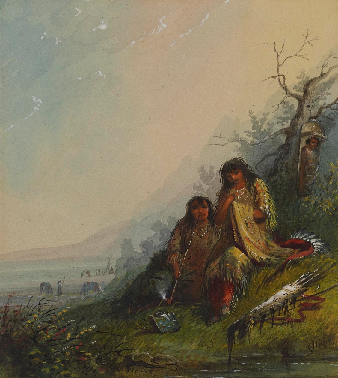 Indiansk kvinne som lager krigsdrakten av Alfred Jacob Miller