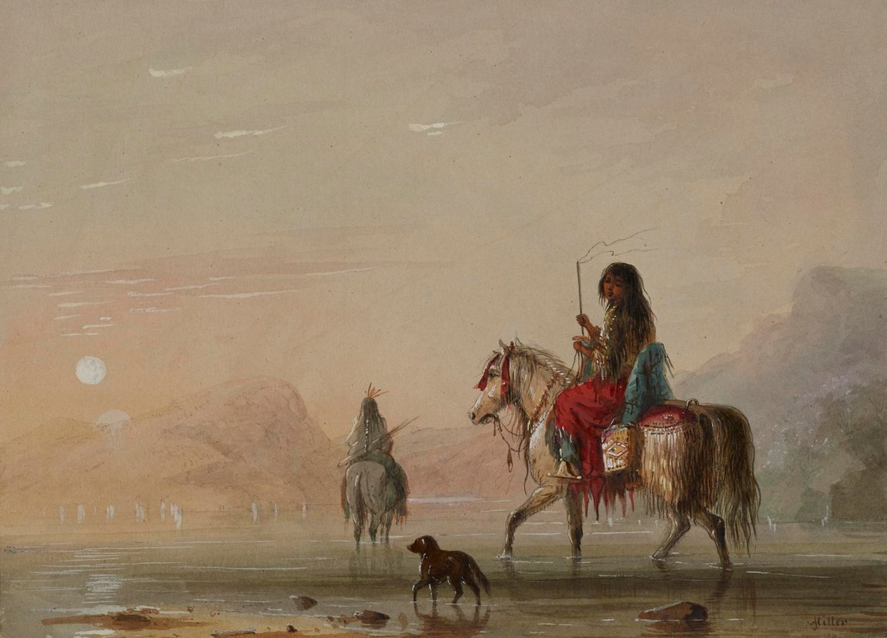 Indianer og hans squaw som vader over en elv av Alfred Jacob Miller