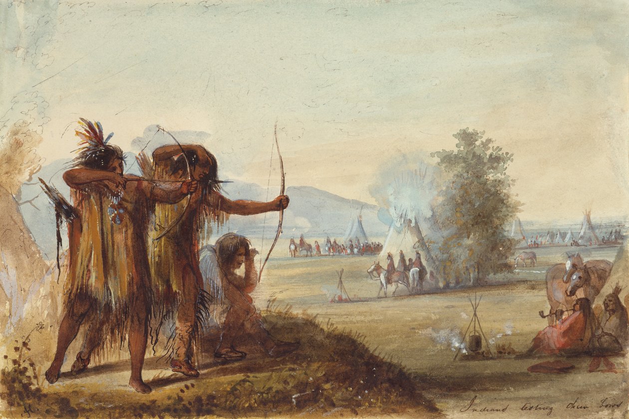 Indianere tester buene sine, ca. 1858 (blyant, akvarell og gouache på papir) av Alfred Jacob Miller