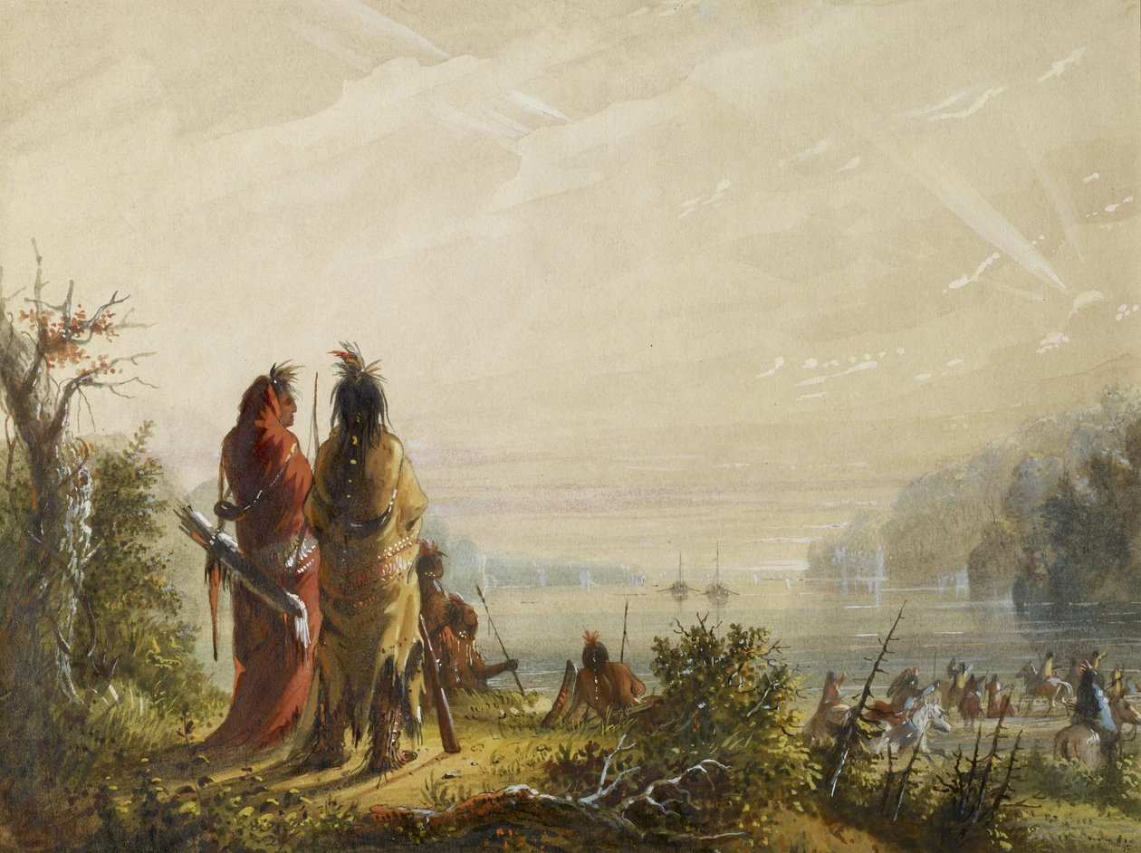 Indianere truer med å angripe pelsbåter av Alfred Jacob Miller