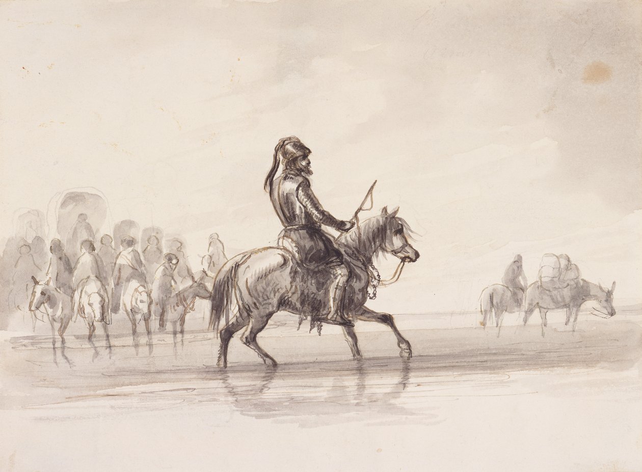 Jim Bridger, in a Suit of English Armour, ca. 1837 (penn og blekk og vask på papir) av Alfred Jacob Miller