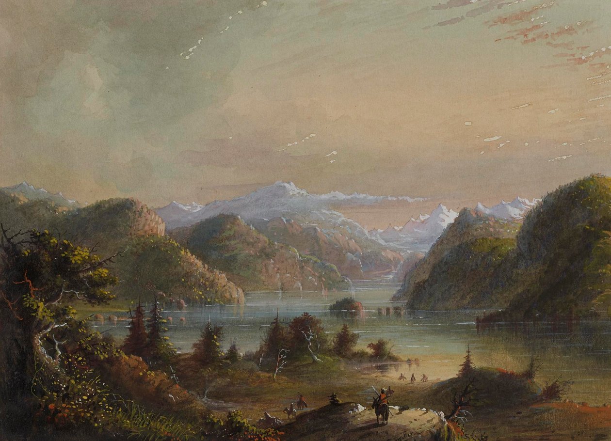 Innsjølandskap med elv og fjell av Alfred Jacob Miller