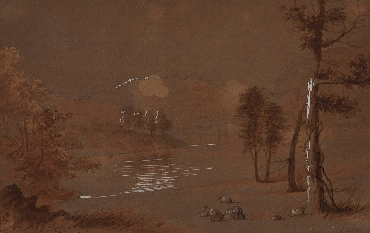 Utsikt over innsjø og fjell av Alfred Jacob Miller