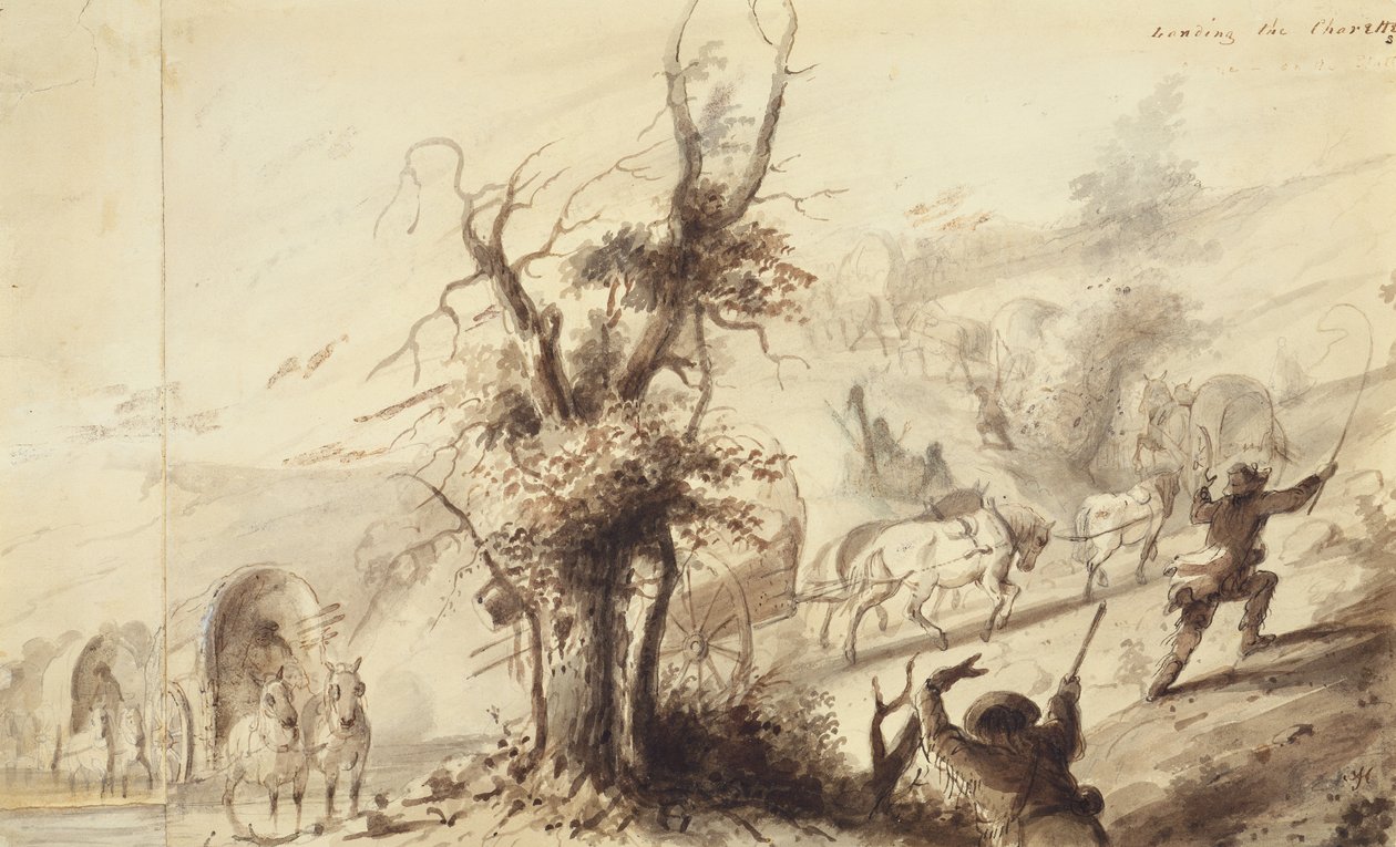Landing the Charettes, ca. 1837 (brun vask på papir) av Alfred Jacob Miller