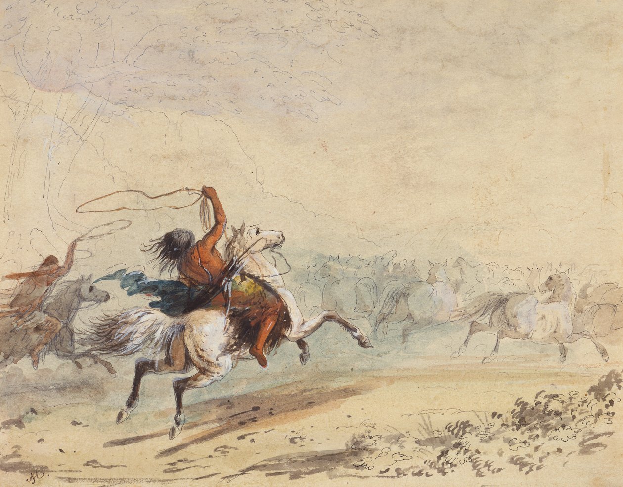 Lassoing Wild Horses, ca. 1837 (blyant, penn, blekk, akvarell og gouache på papir) av Alfred Jacob Miller
