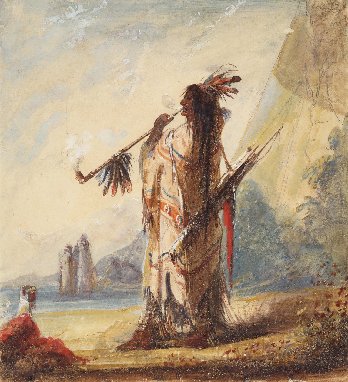 Leisure With Dignity Smoking the Calumet, ca. 1837 (blyant, akvarell og gouache på papir) av Alfred Jacob Miller
