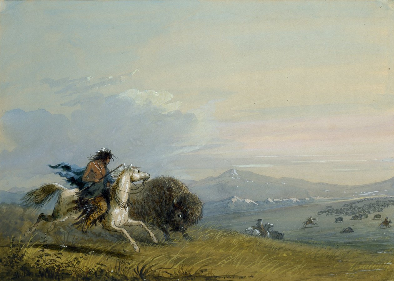 Pawnee-indianernes løpende bøffel av Alfred Jacob Miller