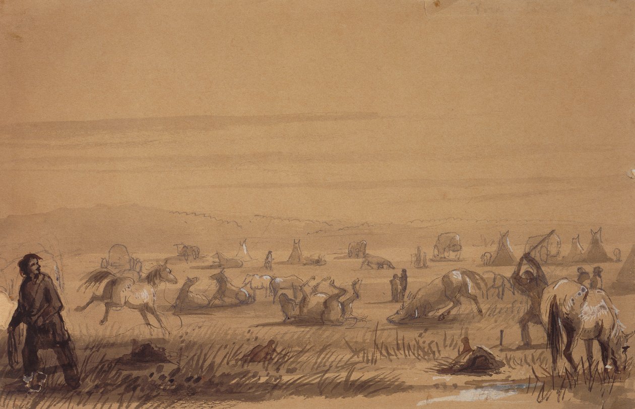 Reaching Camp, Removing the Saddles, ca. 1837 (blyant, penn og blekk, vask og gouache på papir) av Alfred Jacob Miller