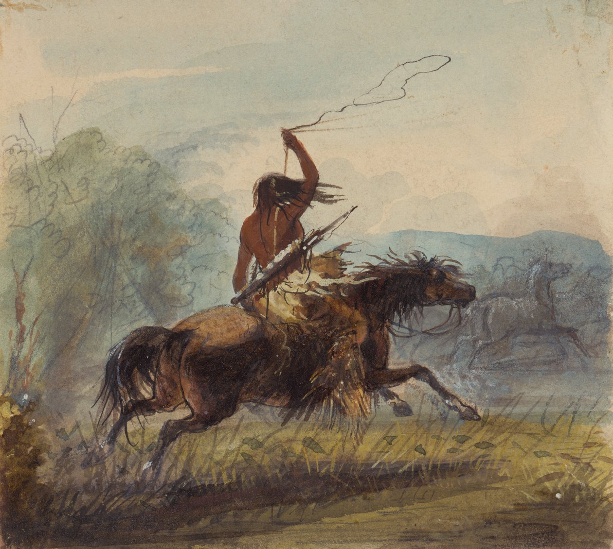 Shoshone Female Throwing the Lasso, ca. 1837 (blyant, akvarell og gouache på papir) av Alfred Jacob Miller