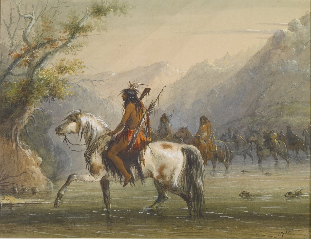 Shoshonee-indianerne [sic] – Å vade over en elv av Alfred Jacob Miller