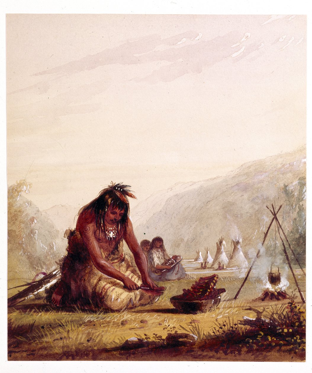En Shosohonee-indianer [sic] som tilbereder måltidet sitt av Alfred Jacob Miller