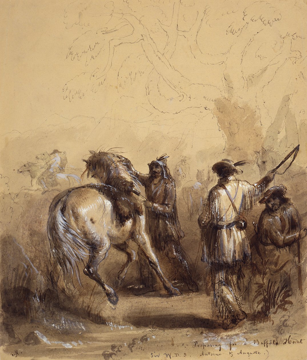 Sir W.D.S., Antoine og Auguste eller forbereder seg på en bøffeljakt, ca. 1837 (penn og blekk, vask og gouache på papir) av Alfred Jacob Miller