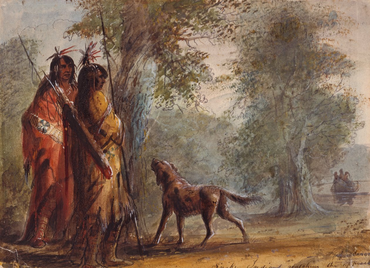 Snake Indians Watching the Approach of a Canoe, ca. 1837 (blyant, akvarell og gouache på papir) av Alfred Jacob Miller