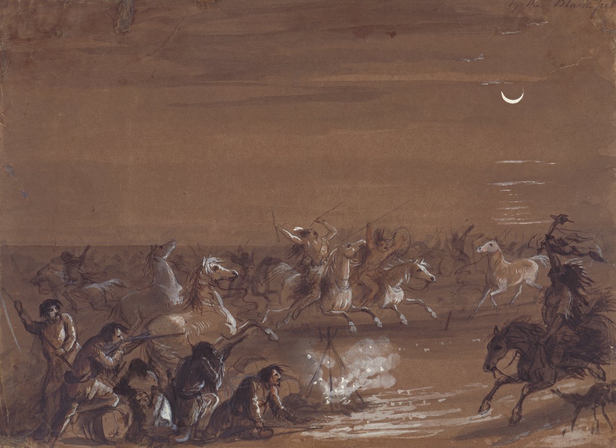 Stampede by the Blackfeet, ca. 1837 (blekk, vask og gouache på mørkt papir) av Alfred Jacob Miller