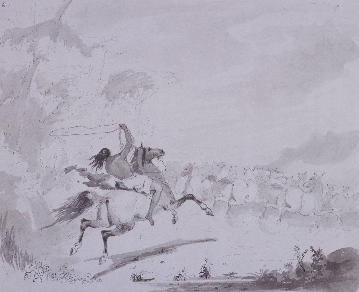 Kaster lasso, ca. 1837 (penn og blekk med grå vask på grått kort) av Alfred Jacob Miller