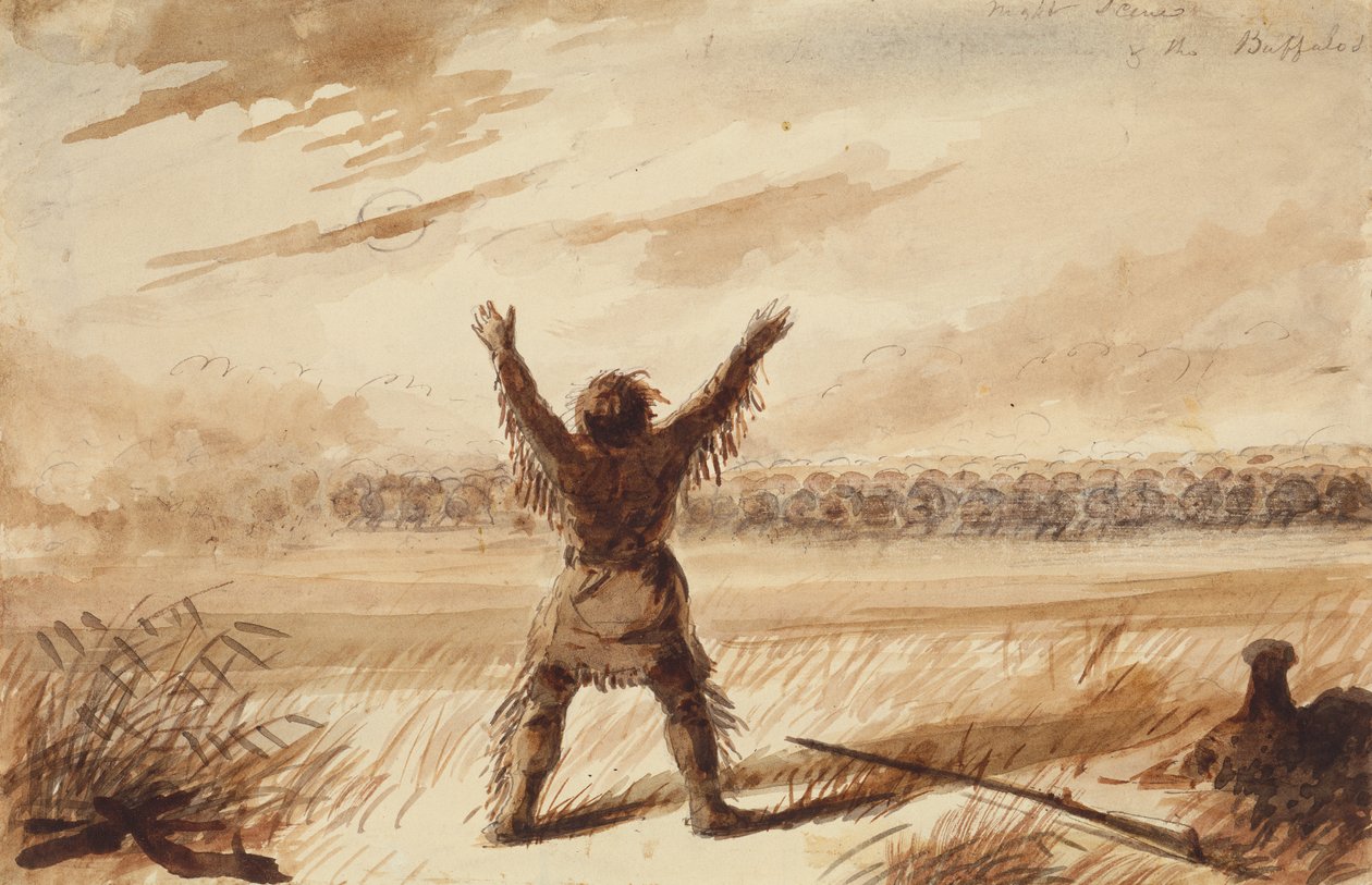 Trapper Disturbed in Rest by a Herd of Buffalo, ca. 1837 (blyant, penn og blekk, og vask på papir) av Alfred Jacob Miller