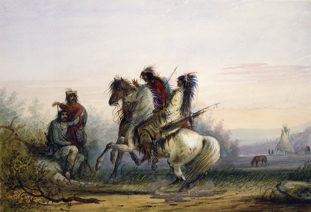 Pelsjegere og indianere kommuniserer ved hjelp av tegn av Alfred Jacob Miller
