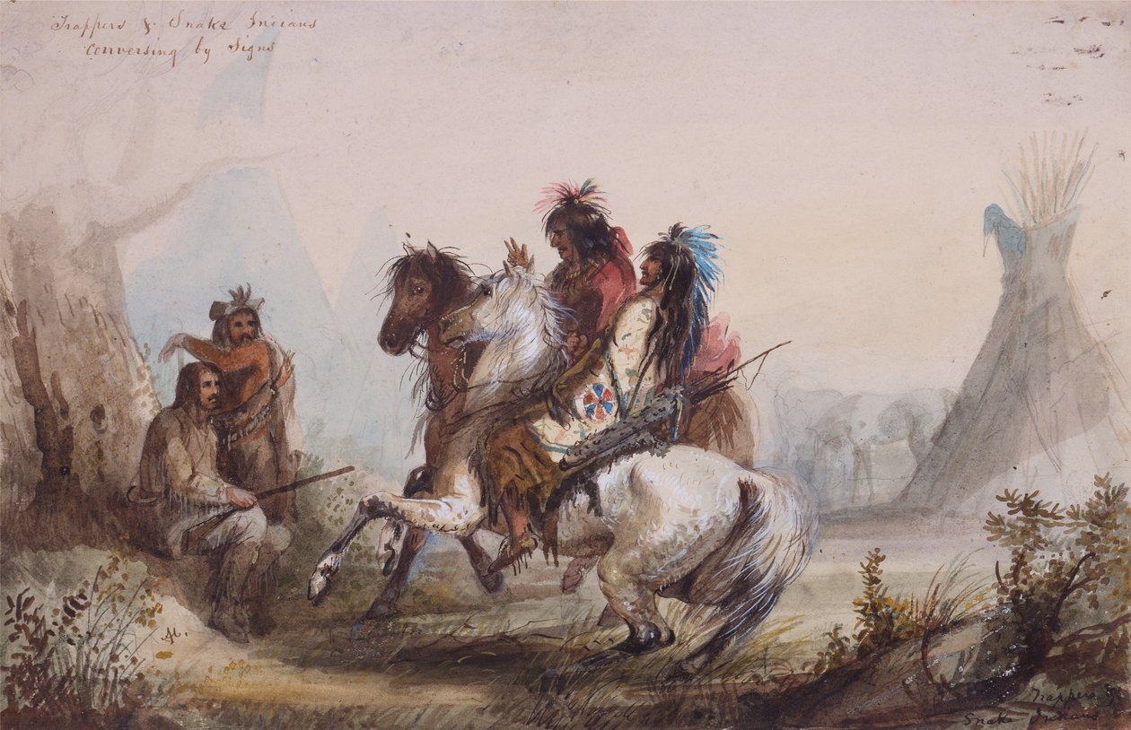 Fangstfangere og slangeindianere samtaler etter tegn, ca. 1837 (blyant, akvarell og gouache på papir) av Alfred Jacob Miller