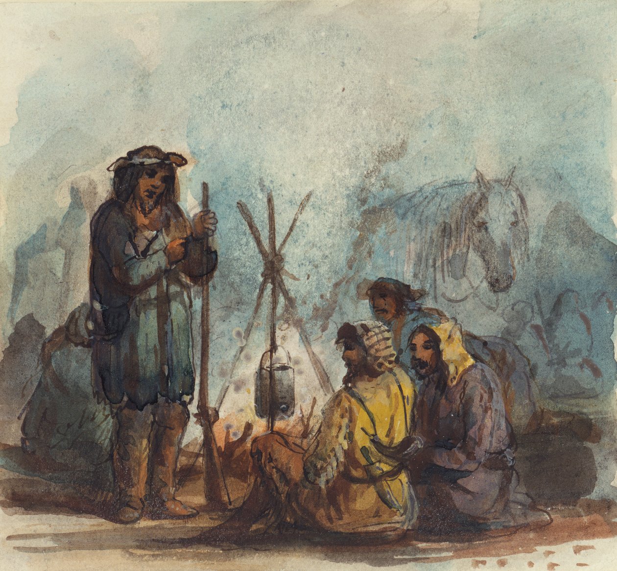 Trappers, ca. 1837 (penn og blekk, akvarell og gouache på papir) av Alfred Jacob Miller