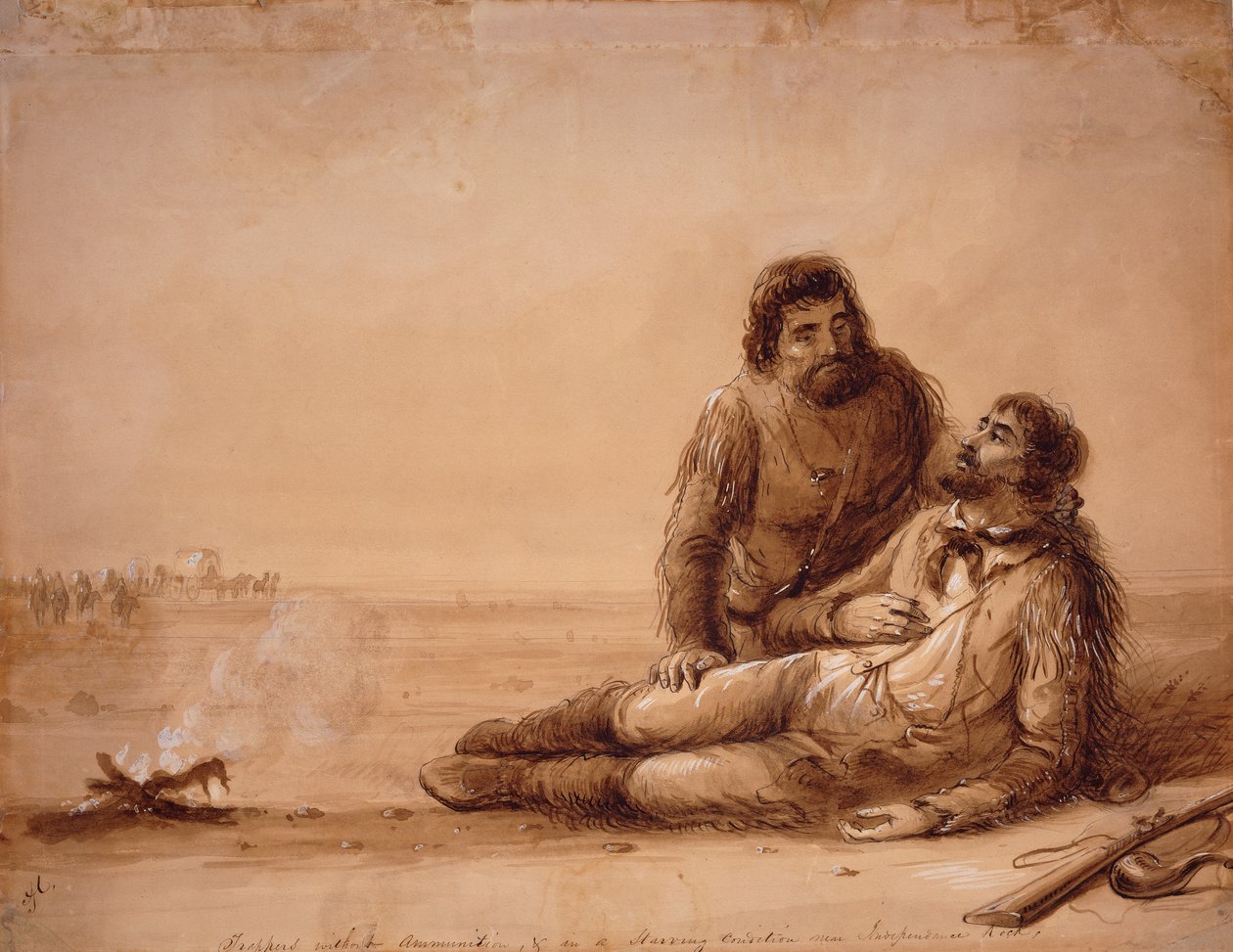 Fangstmenn uten ammunisjon og i en sultende tilstand nær Independence Rock, ca. 1850 (sepiavask på papir) av Alfred Jacob Miller