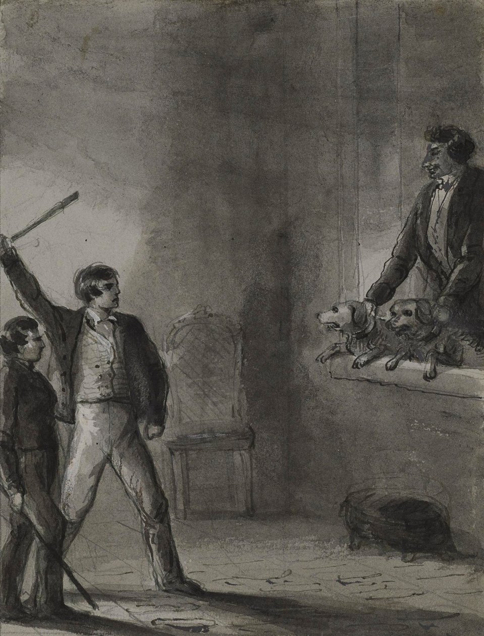To gutter med hevede stokker mens en mann og hunder kikker ut av et vindu av Alfred Jacob Miller