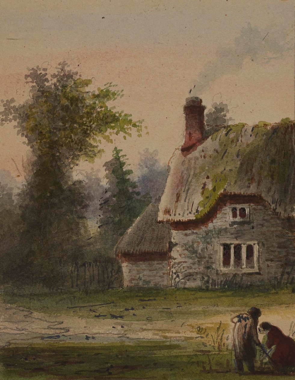 To figurer utenfor en hytte av Alfred Jacob Miller