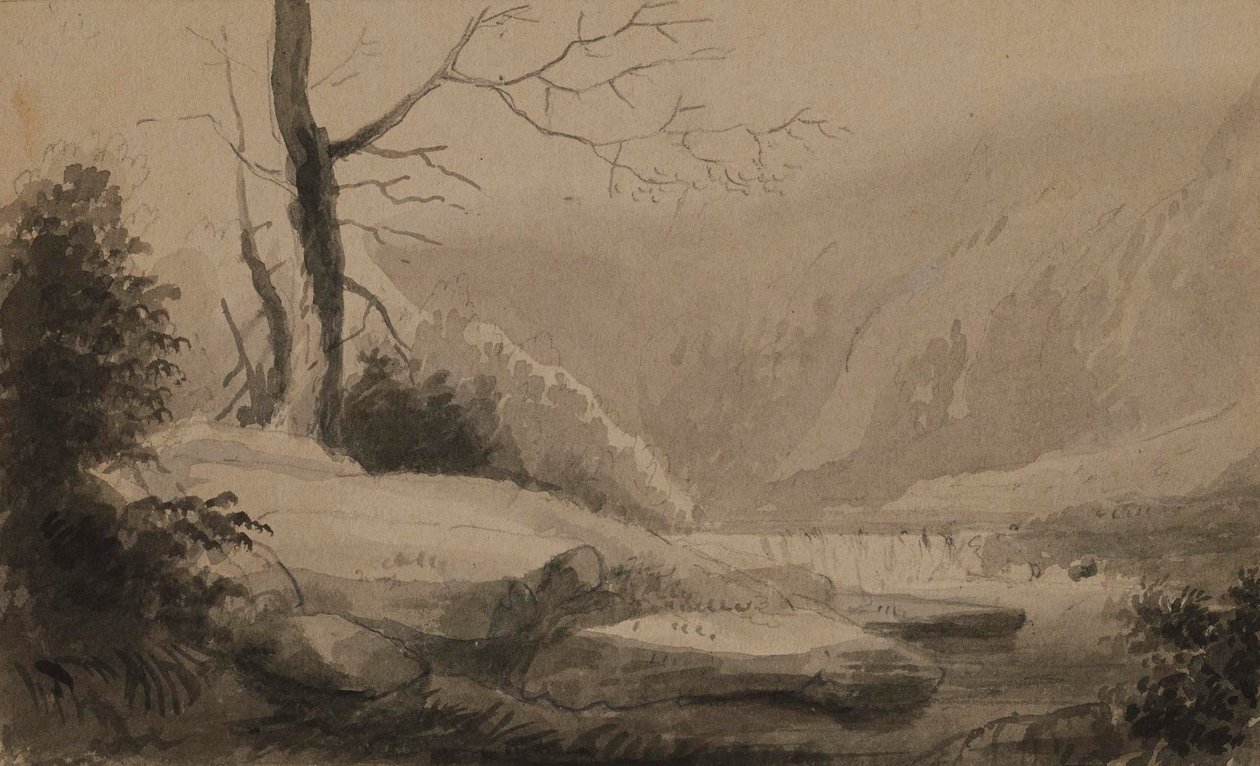 Utsikt over en bekk og fjell av Alfred Jacob Miller