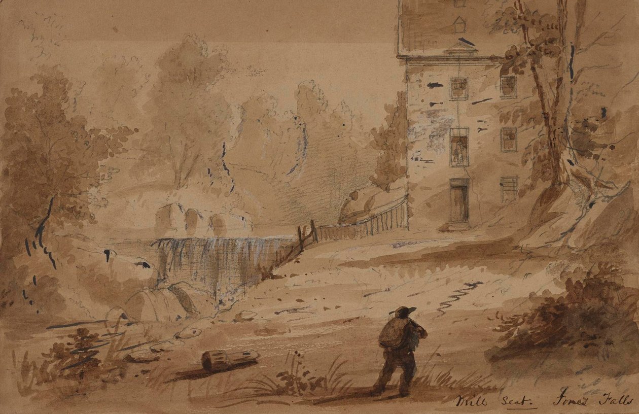 Utsikt over et hus og et fossefall av Alfred Jacob Miller