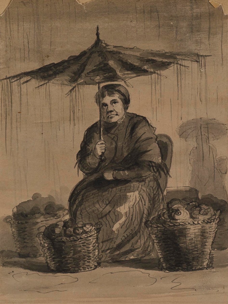Kvinne under en paraply på et marked av Alfred Jacob Miller